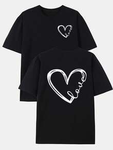 T-shirt décontracté à manches courtes pour hommes avec un design cœur noir et blanc, lettrage "Love" et symbole d'amour à l'arrière. Idéal pour l'été, les entraînements de fitness, les sorties et le port quotidien. Lavable en machine. - Noir - Voir 2