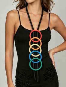 MARLIWOO 1pc Vintage Fashion Handmade Color Block Round Long Necklace, Personalized Exaggerated Accessory For Women - Colorful - View 3