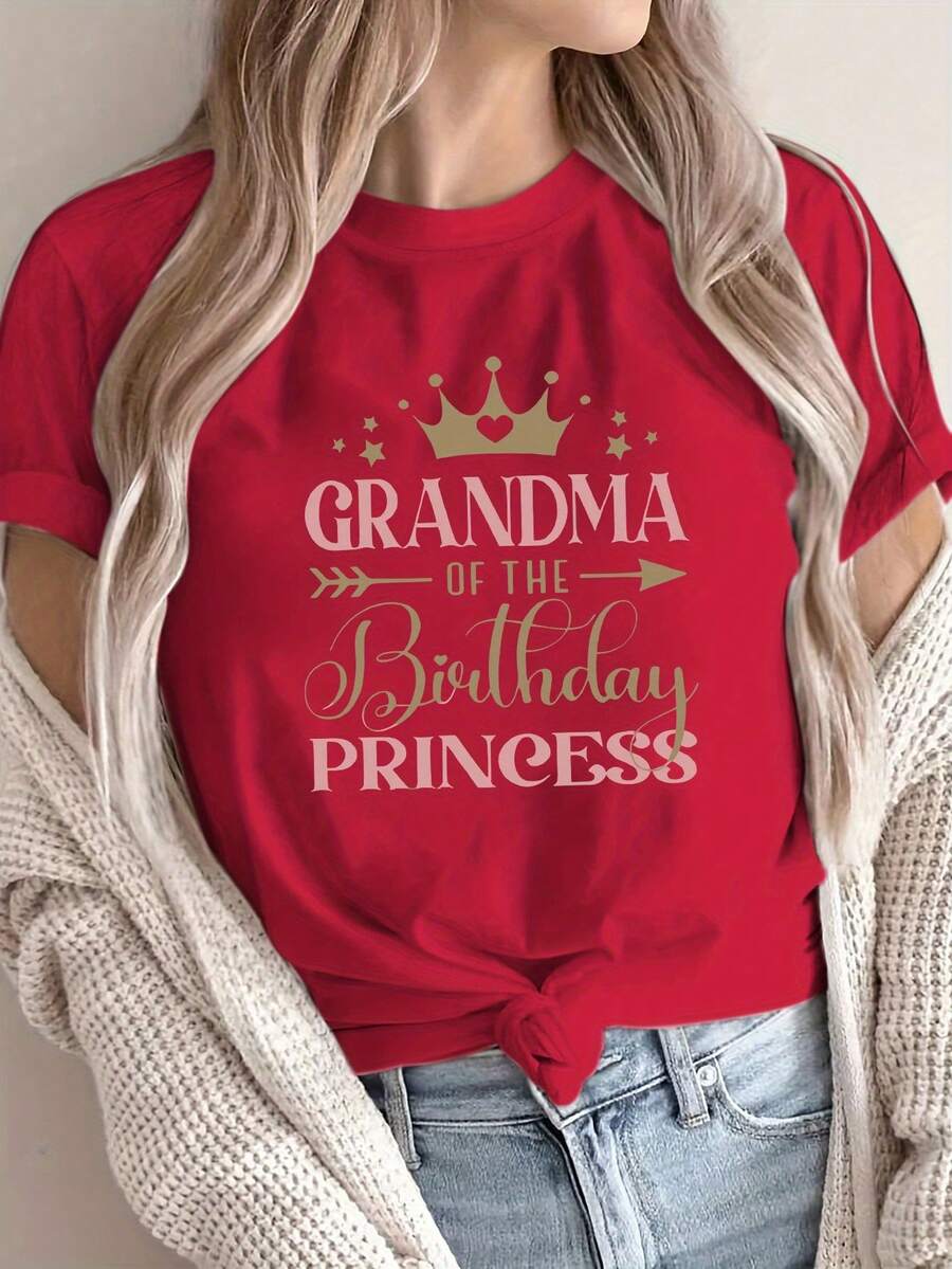 Fashionable 2026 Princess/Grandma Birthday T-Shirt - Women's Casual Short Sleeve Crew Neck T-Shirt, Lightweight For Summer And Spring, With Gold Letter Print And Crown Design. - 紅色 - 查看 1