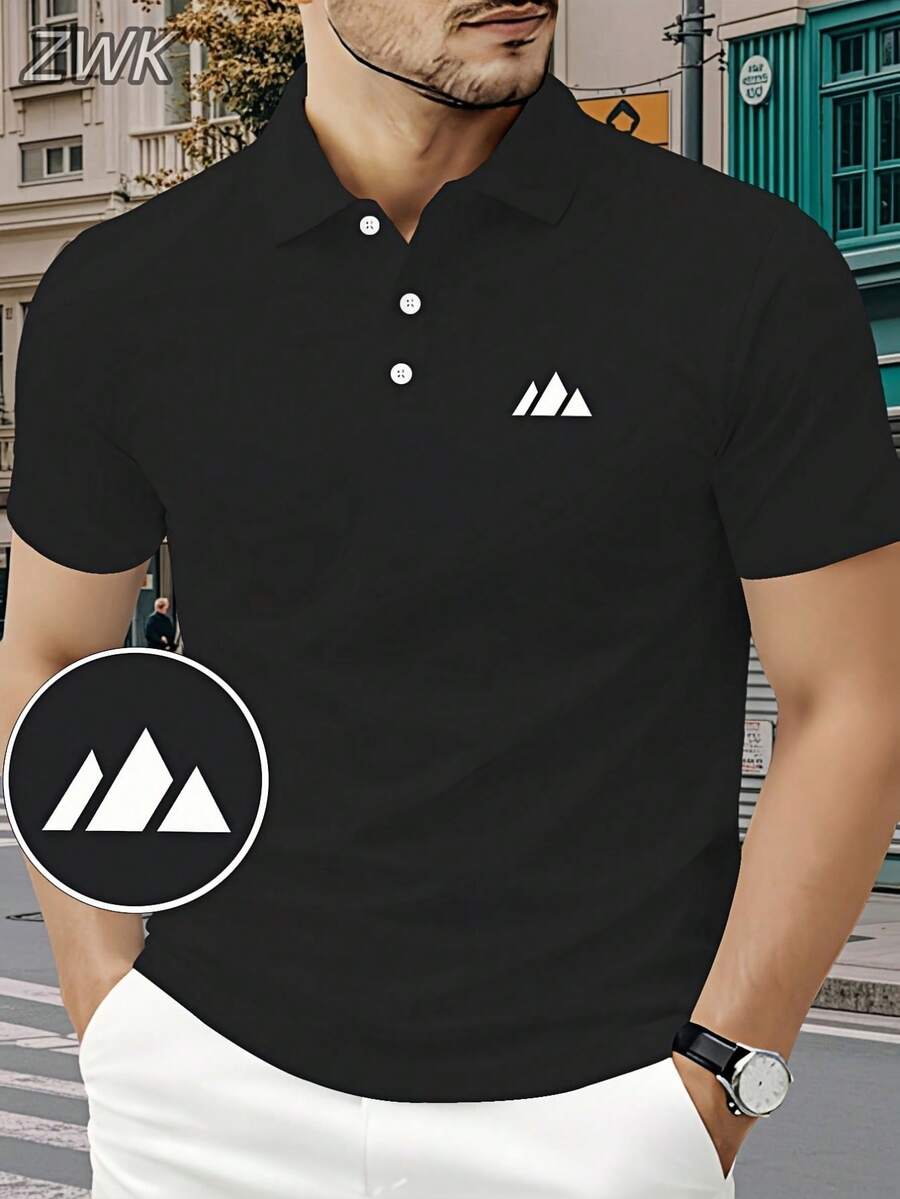 Simple And Stylish Men's Polo Shirt With Classic Triangle Logo Design, Breathable And Comfortable. - Black - View 1