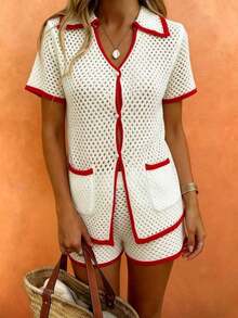 Nuevo Llegada: Conjunto de Cárdigan de Punto Calado y Ribete de Contraste Versátil, Cómodo y de Estilo Casual Perfecto para Atuendos de Playa de Verano Primavera Blanco - Blanco - Ver 6