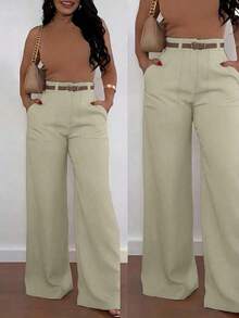 Pantalones casuales de pierna recta y cintura alta de moda para mujer, primavera - Caqui - Ver 1