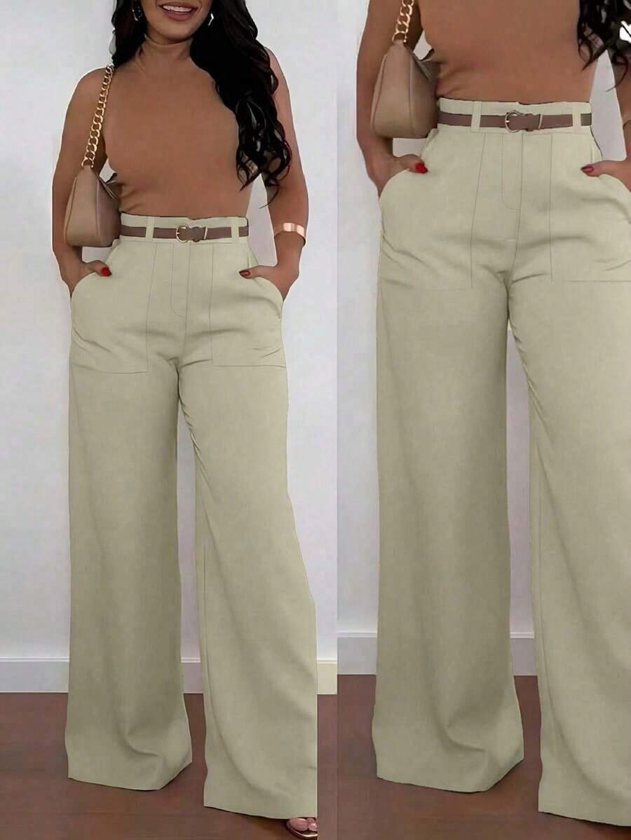 Pantalones casuales de pierna recta y cintura alta de moda para mujer, primavera - Caqui - Ver 1
