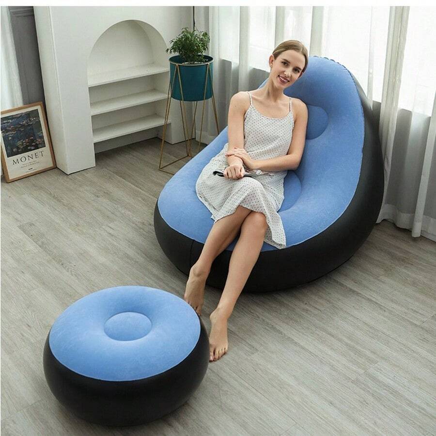 1pc PVC Flocked Inflatable Sofa, Includes Leg Rest, Suitable For Home, Outdoor, Leisure, Thickened Air Mattress Lounger Sofa Bed, Balcony, Home Use Leisure Siesta Recliner, Foldable Sofa Lounger With Footrest, Camping Equipment - Multicolor - View 1
