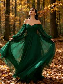 New Women's Off-The-Shoulder Dress - Chiffon Long-Sleeve Gown With Train - Dark Green - View 1