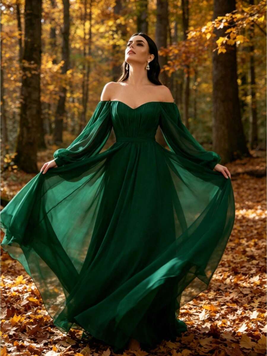 New Women's Off-The-Shoulder Dress - Chiffon Long-Sleeve Gown With Train - Dark Green - View 1