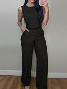 Conjunto de dos piezas de camiseta y pantalones de unicolor para mujer, informal para primavera/verano - Negro - Ver 1