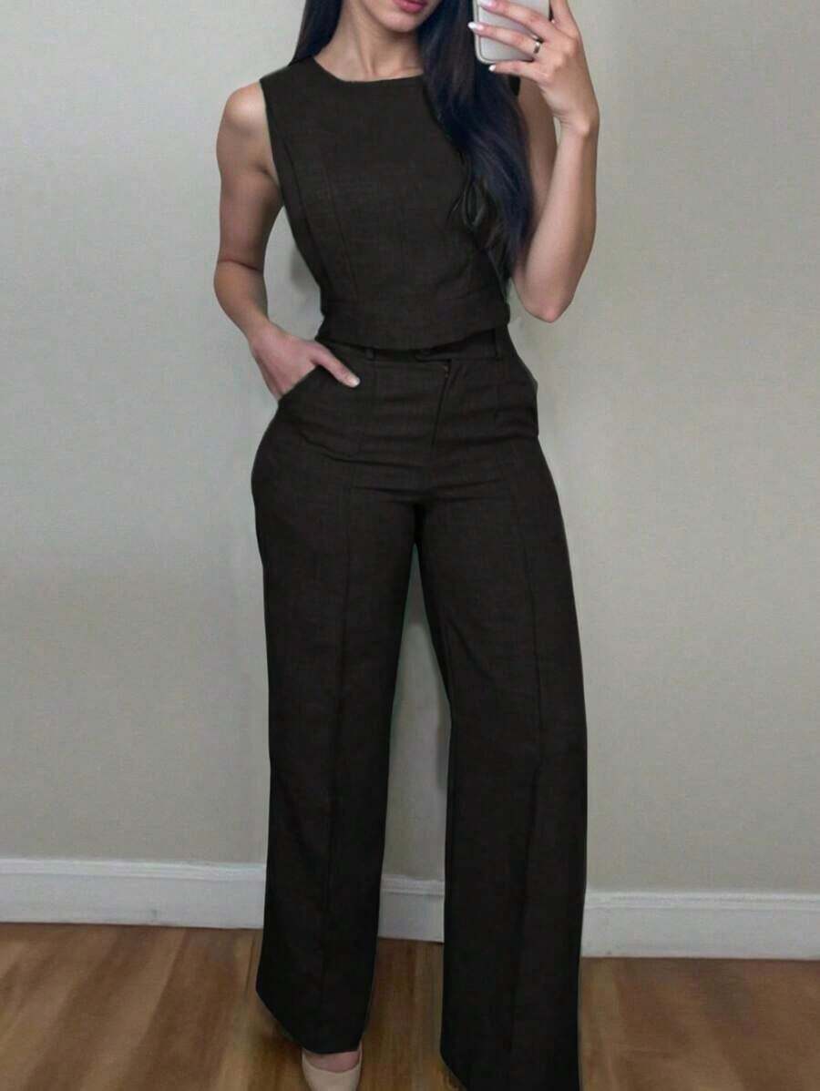 Conjunto de dos piezas de camiseta y pantalones de unicolor para mujer, informal para primavera/verano - Negro - Ver 1