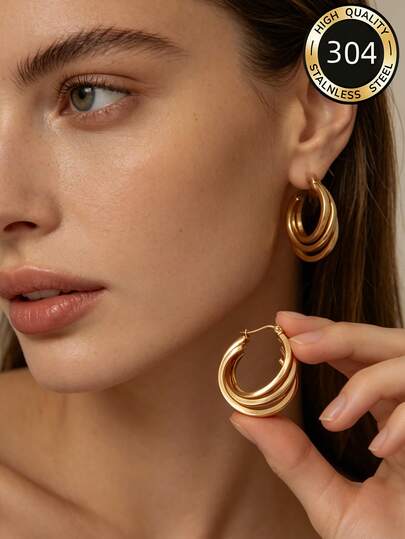 1 Pair 304 Stainless Steel Multi-Layer Hoop Earrings, Fashion Exquisite Luxury Style, Suitable For Party, Office And Other Occasions, Women's Earrings, Gold Earrings, Summer Earrings, Stainless Steel Earrings
