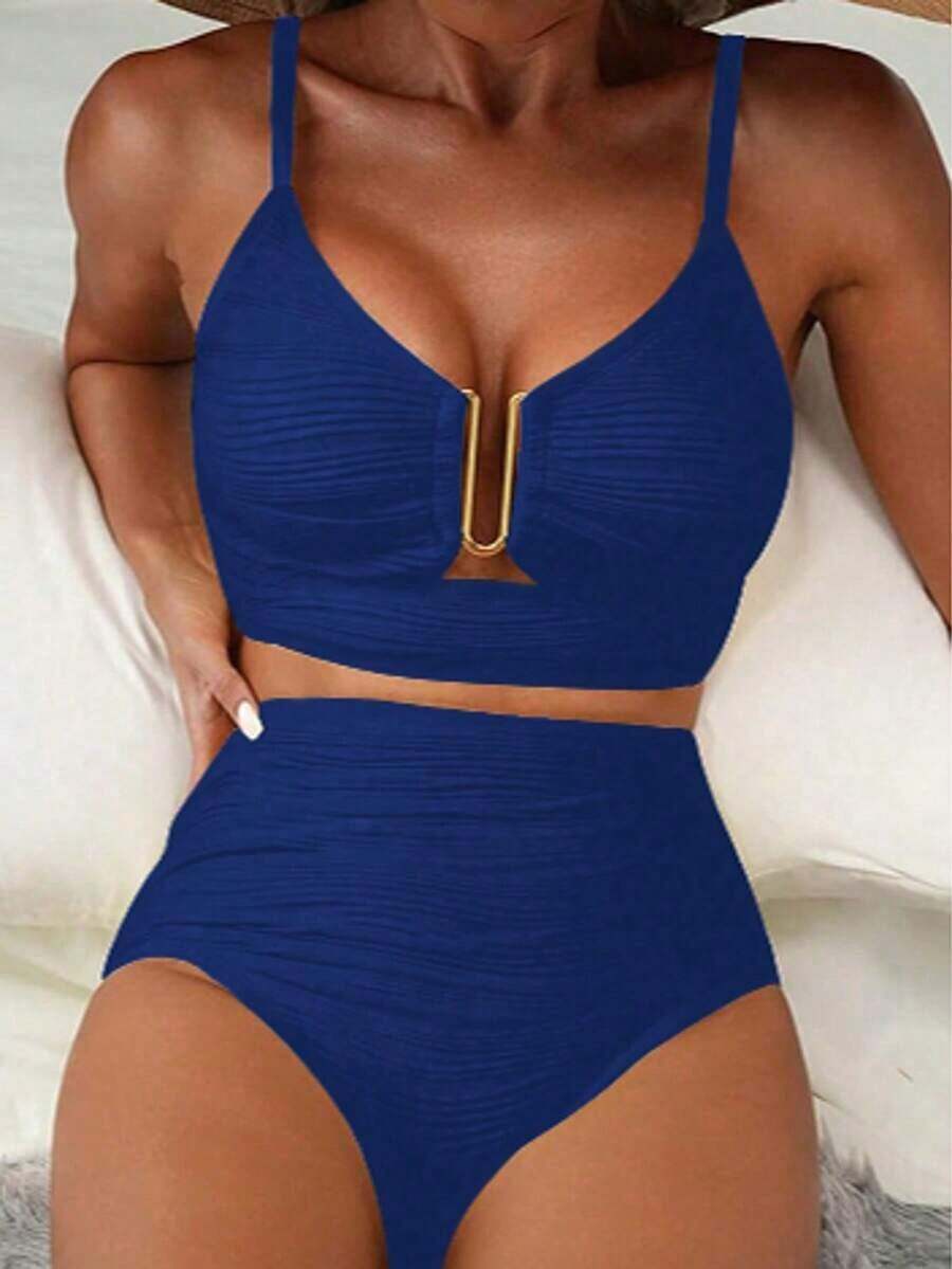 Conjunto de bikini de traje de baño de mujer con volantes, textura sólida y recortes huecos, separados, para vacaciones de playa en verano 2025 - azul real - Ver 1