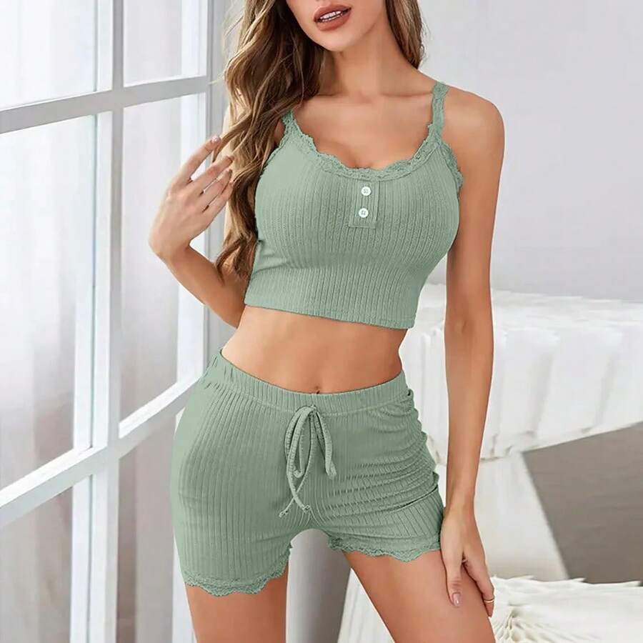 Conjunto de pijama de dos piezas para mujer, camisola corta con ribete de encaje de punto acanalado, Top y pantalones cortos, ropa de dormir de verano, ropa de casa, nueva caliente - Verde - Ver 1