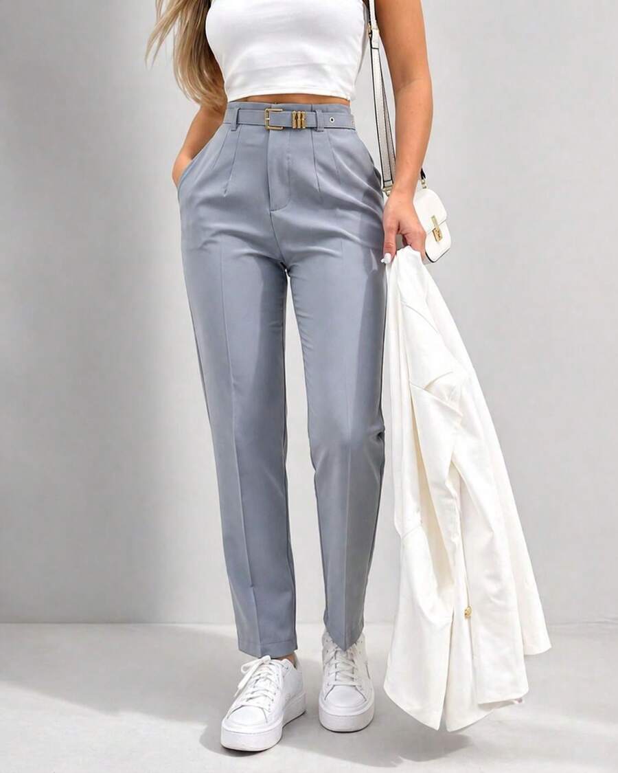 Zra Women's Tailored Trousers With Lined Belt - Grey - View 1