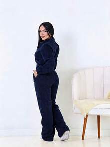 Women's Corduroy Velvet Set With Jacket And Pants - Comfort And Style - 藏蓝色 - 查看 2