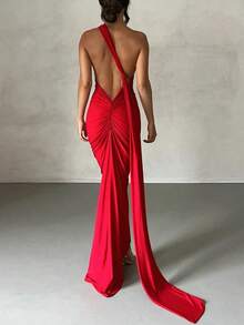 Vestido negro elegante de verano con espalda descubierta y drapeado - Rojo - Ver 1