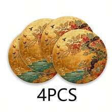 Four Piece Daily Themed Japanese Gold Leaf Round Linen Placemat, Decorative Floor Mat, Hot Selling Product, Wrinkle Resistant Placemat. The Size Is 36 * 36 Centimeters, Suitable For Occasions Such As Birthdays, Housewarming, Celebration Banquets, Holiday Gatherings, Family Dinners, Etc. Support Machine Washing. This Is An Excellent Gift Choice - Multicolor - View 22