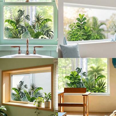 1/3pcs Fresh Jungle Green Plant Window Stickers, Electrostatic Adsorption, Reusable, Suitable For Kitchens, Living Rooms, And Glass Door And Window Decoration.