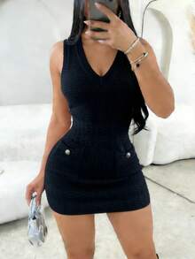 Vestido Mini de Punto Calado para Mujer, Sin Mangas, Cuello en V, Ajustado, Corto, con Decoración de Botones, Verano, Playa, Vacaciones, Sexy - Blanco - Ver 3