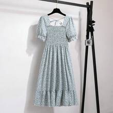 Primavera Verano cintura elástica vestido de gasa mujeres Vestidos casuales moda femenina Vestidos de manga corta plisado A-line Vestidos - huangsesuihua - Ver 4