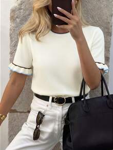 Women's Casual Contrast Color Ruffle Trim Round Neck Short Sleeve Knit Top, Summer, Chic & Elegant - Apricot - View 11