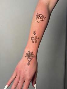 2pcsStickers, Minimalist Line Style Featuring Cats, Roses, Hearts, And Butterflies, Temporary Tattoo Stickers, Washable, Single-Use, Suitable For Arms, AbdomenAnd Legs, Non-Reflective, Realistic Tattoos, Suitable For People, Daily Use, Lasting3-5Days - Black - View 3