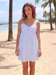 Women's Summer Mini Dress Striped Print Spaghetti Strap Sleeveless Deep V Neck Cami Dress - Celeste - Ver 1