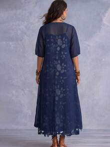 Spring/Summer Plus Size Women's Elegant Floral Print Spaghetti Strap V-Neck Dress With 3/4 Sleeve Sheer Cardigan Two Pieces Set Vacation - Dark Blue - View 2