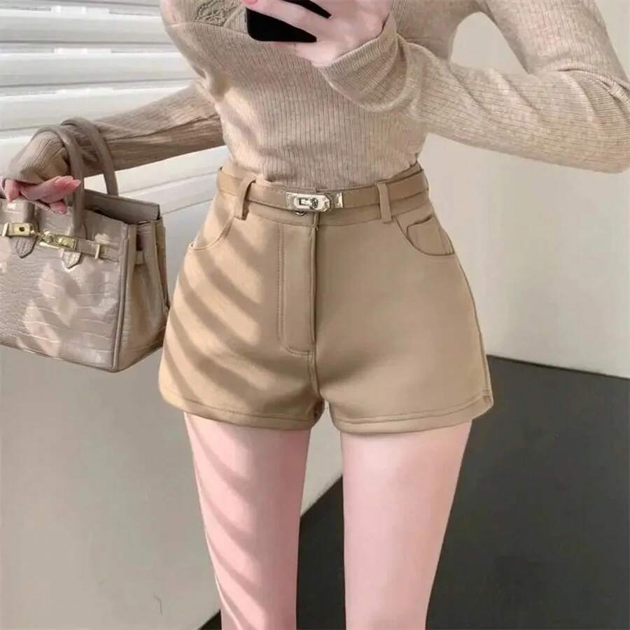 Pantalones de pierna ancha para mujer, ropa informal adelgazante de pierna de Color puro de cintura alta, pantalones calientes para exteriores, pantalones de pierna ancha a la moda - Cinturón caqui - Ver 1