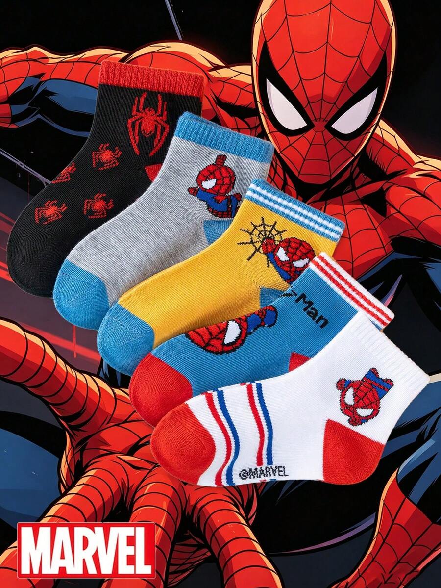 Marvel 5/10双装儿童袜子，男童袜子，卡通中筒袜，柔软透气短袜，适合作为男孩礼物，是上学穿着的理想选择。 - 彩色 - 查看 1