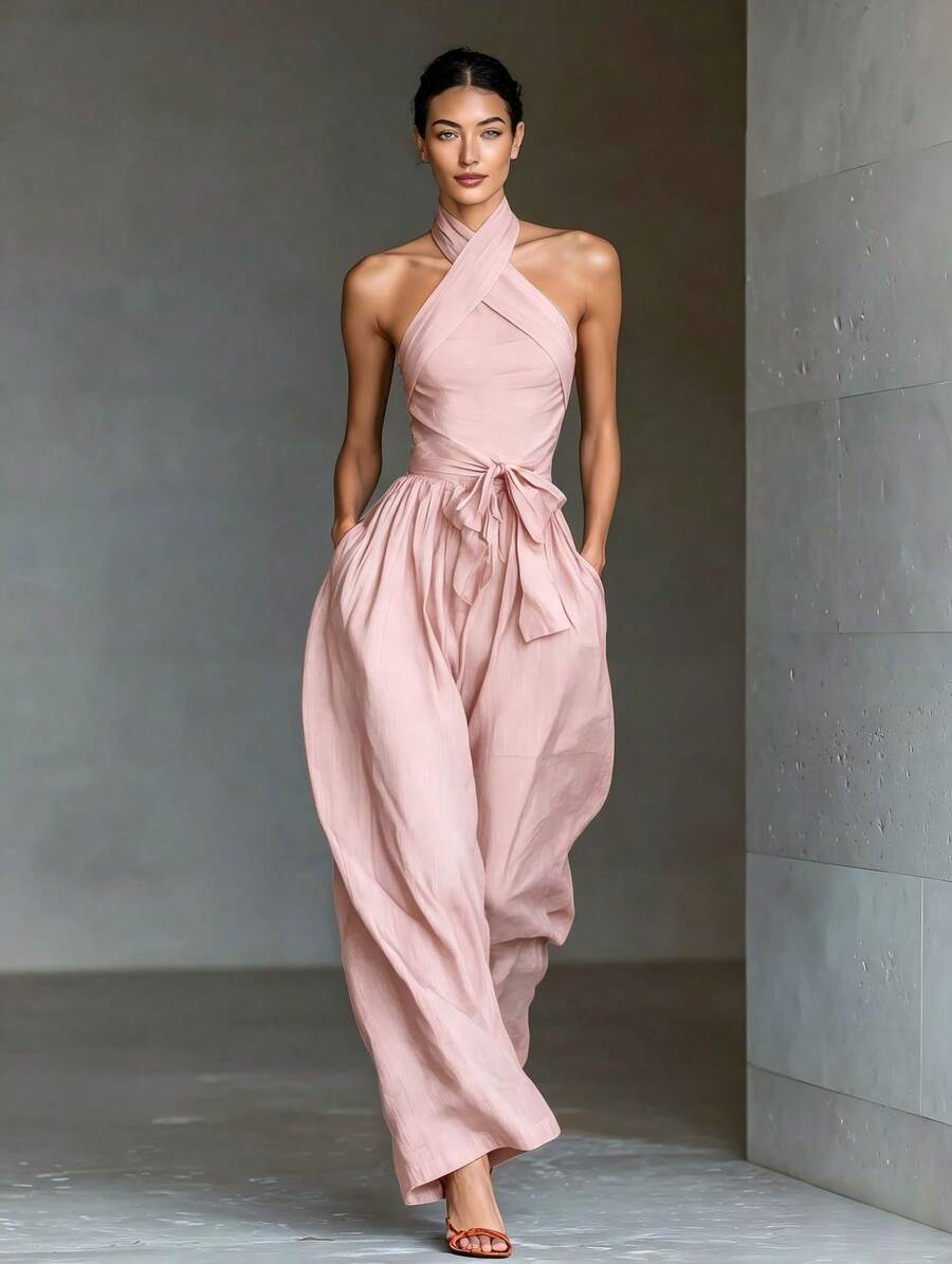 2026 Hot-Selling New Women's Lace-Up Linen Fabric Cross-Strap Wide-Leg Jumpsuit - hồng - Xem 1