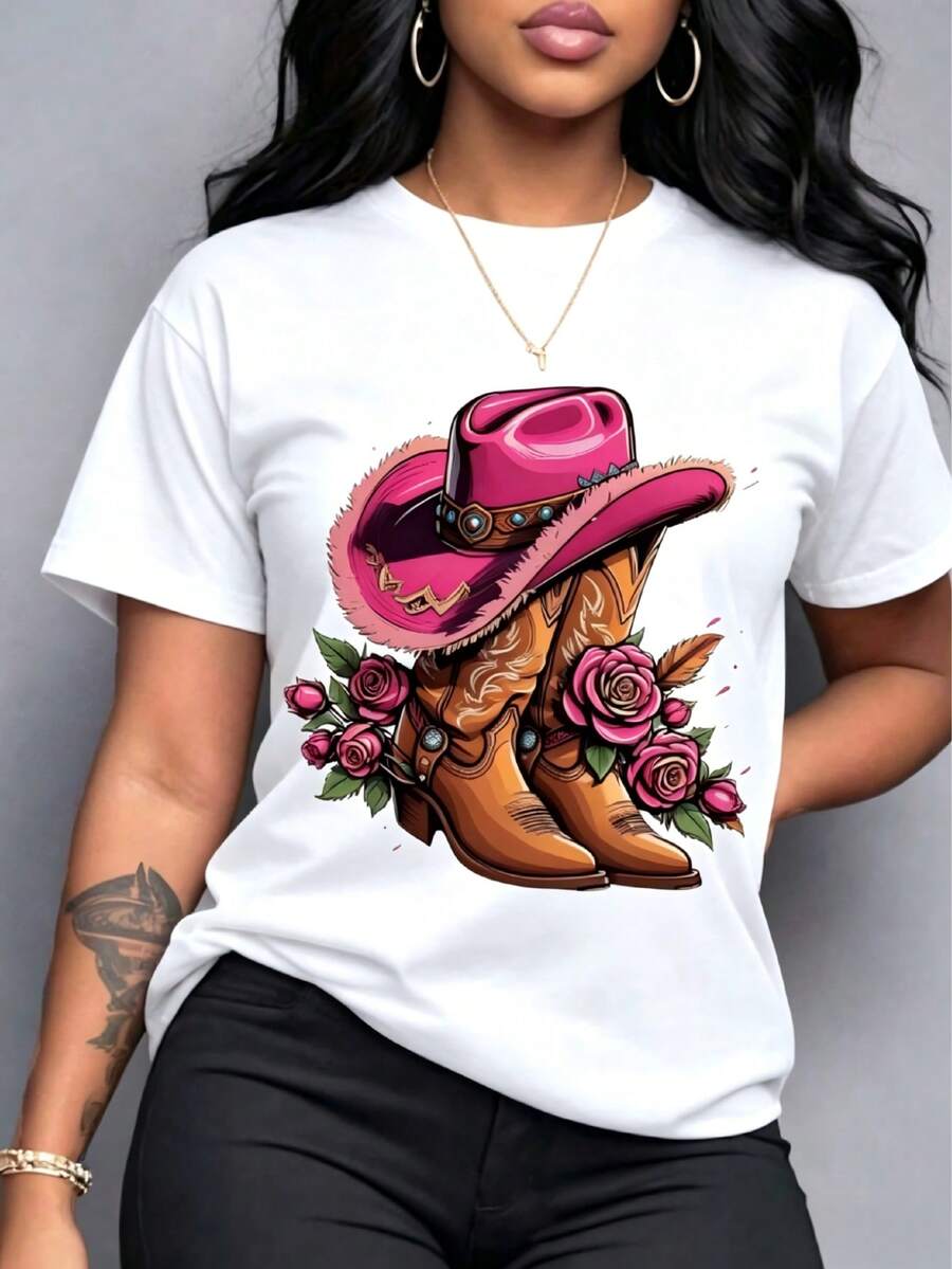 Playera de manga corta con estilo romántico, diseño de mezclilla y estampado floral, camiseta de mujer de cuello redondo y manga corta, casual de verano y versátil, oversize - Blanco - Ver 1