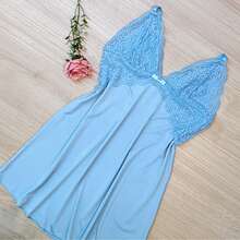 Microfiber Lace Comfort Nightgown Without Padded Lined Pajamas - 609 - Blue - View 6