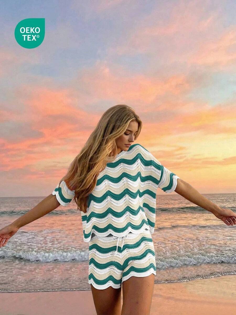 Conjunto de 2 piezas de top de manga corta de ganchillo hueco y pantalones cortos casuales de estilo europeo y americano para mujer, ideal para vacaciones y verano en la playa - Multicolor 7 - Ver 1