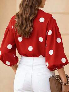 Blusa elegante con estampado de lunares y mangas de farol con botones en el frente y cuello en V, adecuada para la oficina y el uso casual - Primavera/Verano, vacaciones en la playa, vacaciones de verano Negro - Rojo - Ver 4