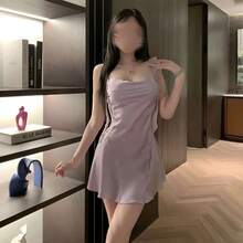 Nuevo camisón sexy ajustado para discoteca de encaje satinado de retazos de gasa rosa con tirantes para niña, uniforme de satén para el hogar, vestido qqny E7BX - Blanco - Ver 4