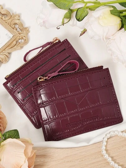 Burgundy Crocodile Pattern Mini Wallet Purse With Card Holder, PU Zipper Coin Pocket & Cash Slot, Unisex Slim Organizer For Daily Use Travel Shopping