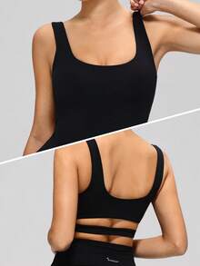 MASKERT Top deportivo sin mangas de cuello cuadrado para mujer, diseño de espalda con recortes cruzados, corto y ajustado, cómodo y agradable al tacto, para yoga y fitness - Negro - Ver 4