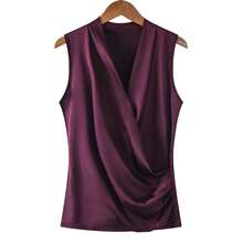 Nueva Blusa Sin Mangas de Satén Suave para Mujer, Top con Cuello en V, Corte Ajustado, Camisas para Usar por Fuera - Morado - Ver 6