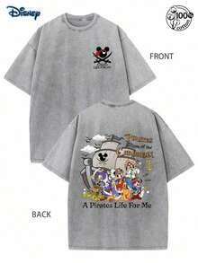 Disney Officially Licensed Mickey Mouse Pirates A Pirates Life For Me Double-Sided Vintage Washed 230g T-Shirt, Unisex Loose Oversized Tee, Men Women Cartoon Streetwear Summer Top - 灰色 - 查看 1