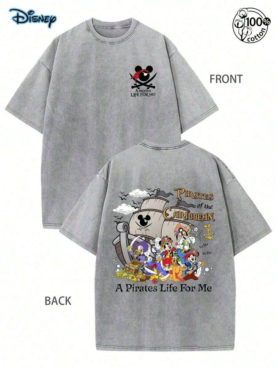 Disney Officially Licensed Mickey Mouse Pirates A Pirates Life For Me Double-Sided Vintage Washed 230g T-Shirt, Unisex Loose Oversized Tee, Men Women Cartoon Streetwear Summer Top - 灰色 - 查看 1