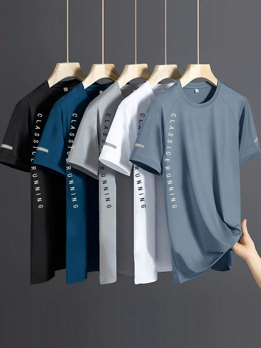 5 Stücke/Set Herren Schnelltrocknende T-Shirts, weich elastisch, atmungsaktiv, Kurzarm Tops für Outdoor Sport, Sommer - Verschiedenfarbig - Übersicht 1