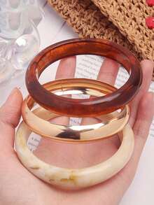 3pcs Fashionable Minimalist Round Stackable Bangle Bracelets Set, Stylish Personalized Beach Style Wristbands For Women - Brown - View 3