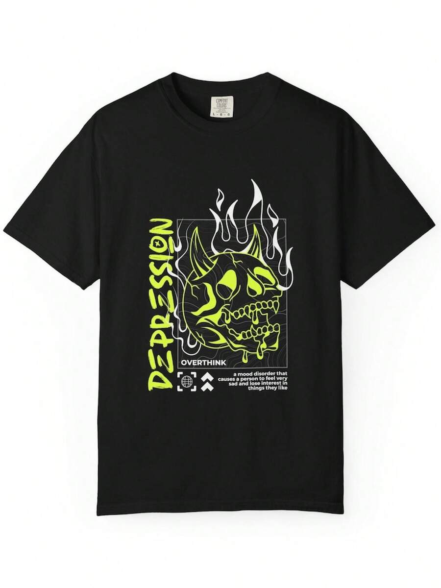 Unisex Pure Cotton T-Shirt With Depression Flame Skull Motif | Neon Green Graphic T-Shirt, Overthink Design, Summer T-Shirt, Blouse, Basic Tops, Creative Design, Outdoor Gaming, Cool Style, Fun Design, Ideal For Outdoor Games - Black - View 1