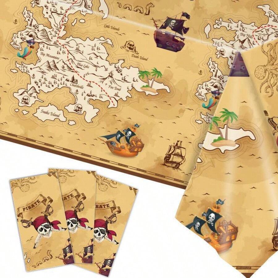 137x228cm Pirate Theme Disposable Waterproof Tablecloth, Vintage Map Design, Party Decoration, Outdoor Gathering - View 1