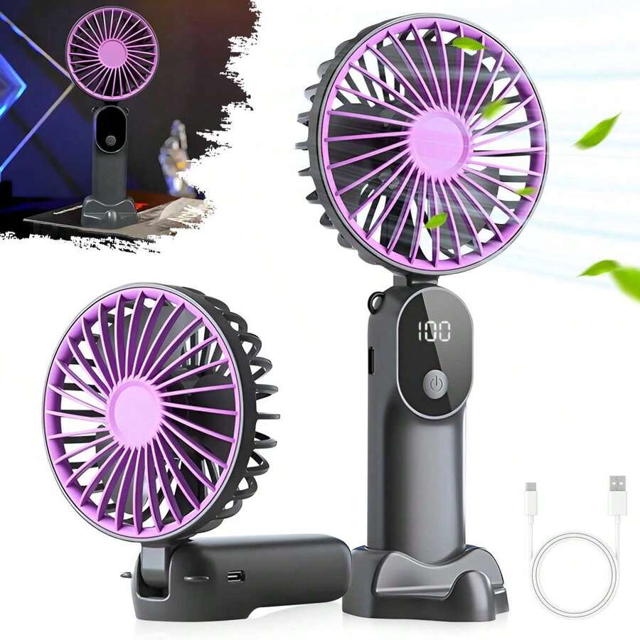 6段風速便攜式手持小風扇 USB充電 90°可折疊靜音迷你個人手持風扇含底座 免手持掛頸扇 戶外旅行海灘夏季配件禮物