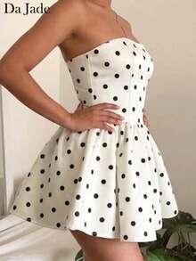 Da Jade New Slim Fit Waist Gathering Pleated Strapless Mini Dress For Women - White - View 5