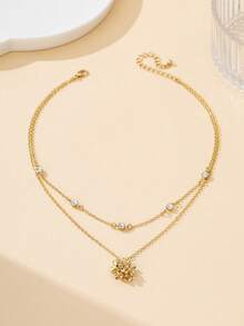 1pc Elegant Luxury French Style Dazzling Lifelike Floral Ball Pendant Multilayer Necklace For Women - Yellow Gold - View 4