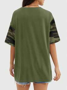 Women's Loose T-Shirt Casual Top, Sports & Fitness, Summer Short Sleeve Printed Basic Y2K Style - Olive Green - View 5