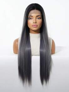 30 Inch Ombre Grey 13x4 Lace Front Wig For Women Long Straight Synthetic Hair Wig Dark Roots Pre Plucked Natural Hairline Heat Resistant Glueless Hair Wig For Daily Party Cosplay Natural Looking Lightweight Breathable Soft Smooth Hair Easy Wear - 灰色 - 查看 5
