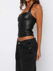 Fashionable Chic Charming Fantasy Sexy Leather Spaghetti Strap Crop Top, Bodycon Waist Cincher, Going Out - Black - View 6