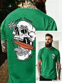GiftCamiseta de manga corta de cuello redondo con estampado de letras y esqueleto, casual de verano para hombres, para HalloweenSoft - Verde - Ver 7